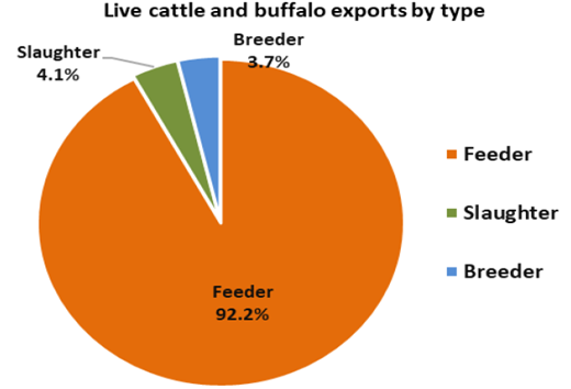 Pie graph showing live cattle and buffalo exports by type 