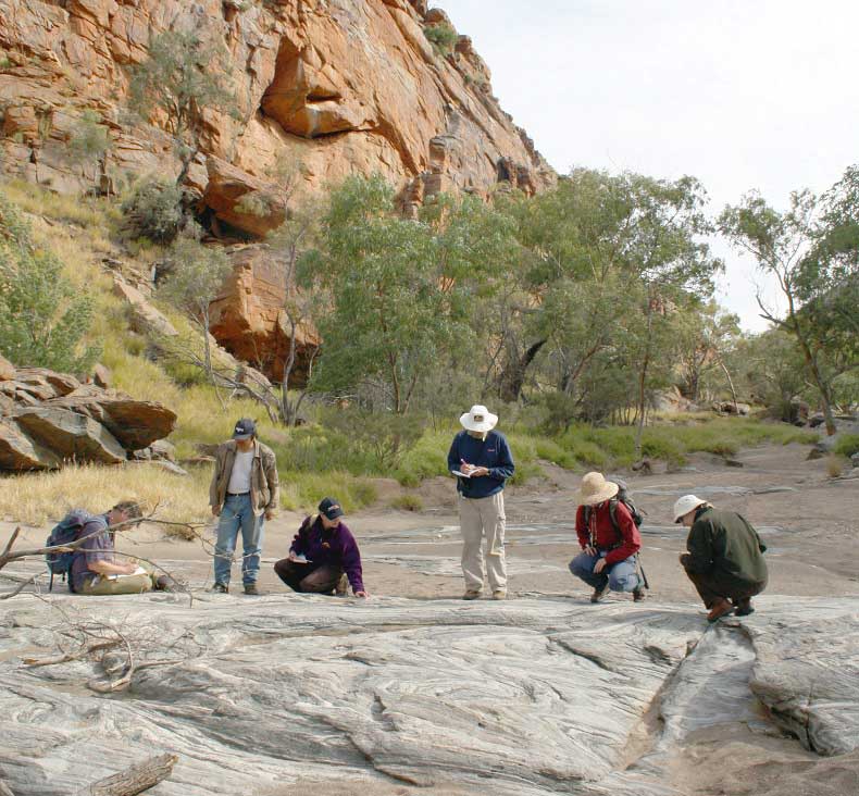 Geologists surveying a rock