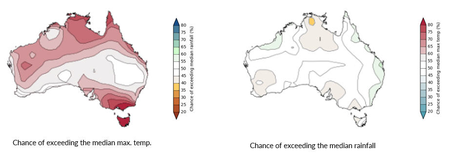 Figure 9. Chance of rainfall and maximum temperature maps for October to December 2017. Sourced from the Australian Bureau of Meteorology (http://www.bom.gov.au/climate/outlooks/ )