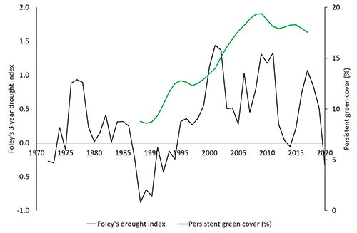 Figure 2: Foley’s three-year drought index at Kidman Springs and woody cover