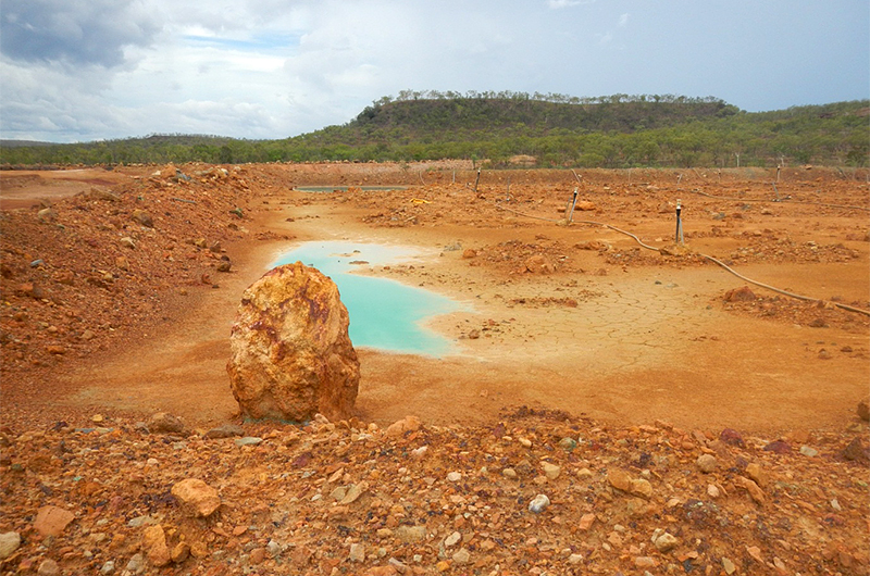 View of the top of a heap leach pad, including the irrigation system (2013)