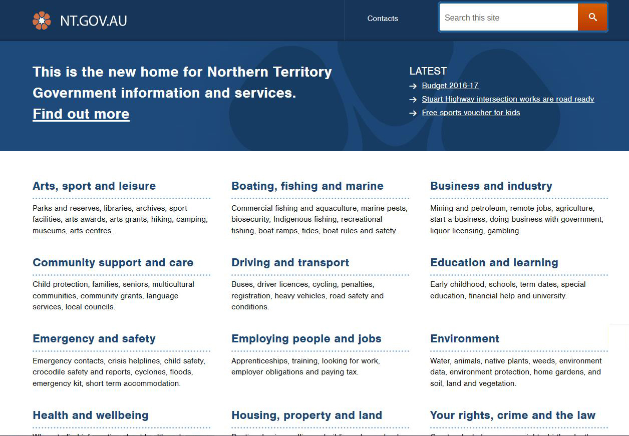 The new look for the NT Government website at nt.gov.au.