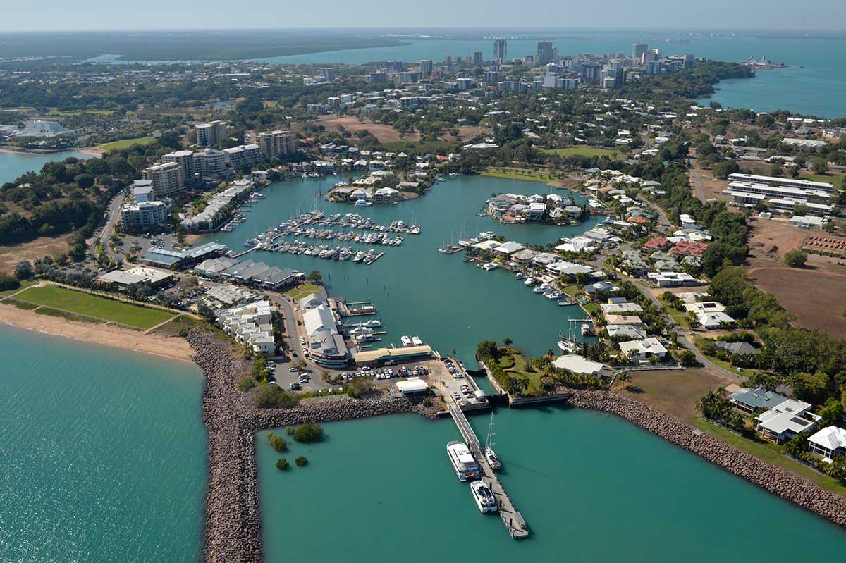 Aerial view of Darwin CBD with Cullen Bay in the foreground