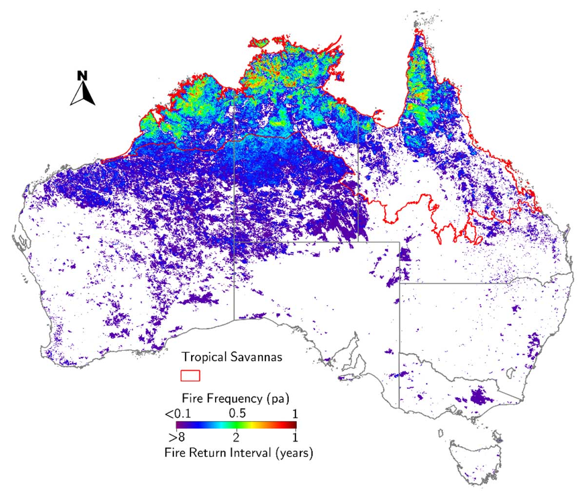 Map of Australia showing fire frequency locations in colours