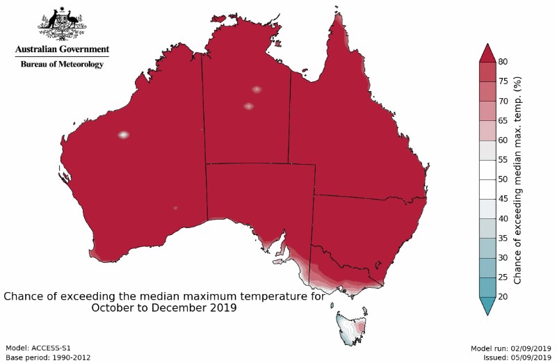 Australia BOM weather map: Chance of exceeding the median maximum temperature for October to December 2019