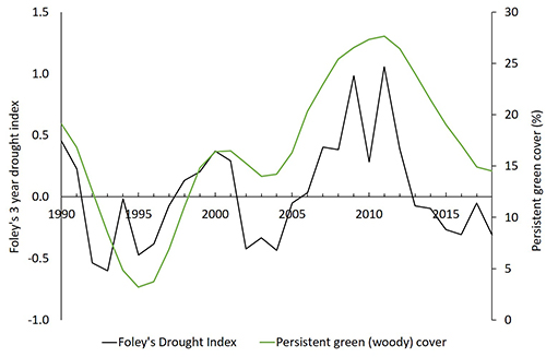 Woody cover at a North Queensland site closely followed seasonal rainfall patterns 