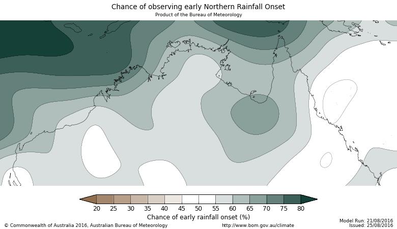 Map from the BOM website showing the chance of early northern rainfall onset