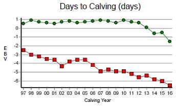 Figure 1. EBV herd averages for the DPIR Selected Brahman and Composite herds.  Days to Calving