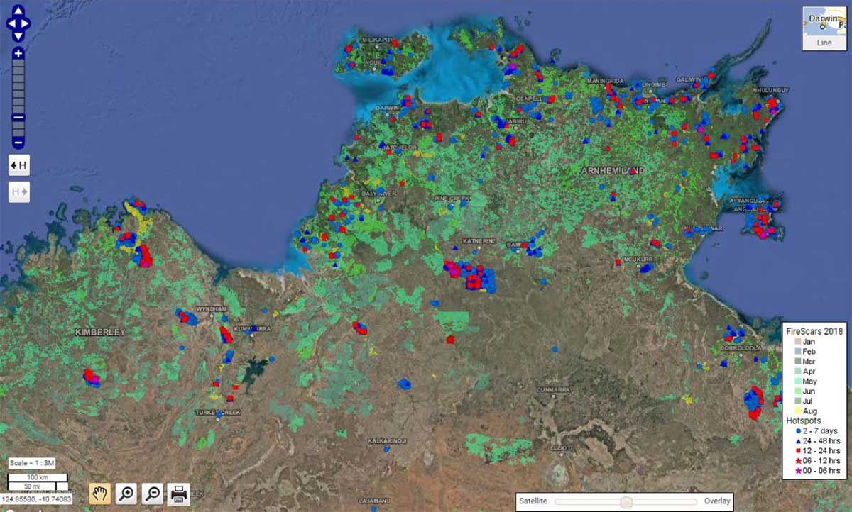 Example of a NAFI satellite image showing locations of fires in the Northern Terrtiory