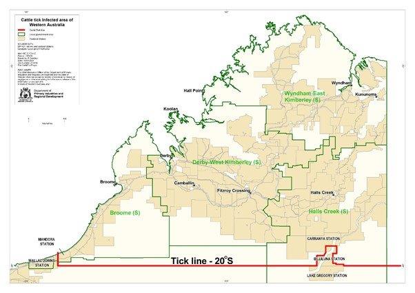 Map of Western Australia showing tick line and associated tick zones