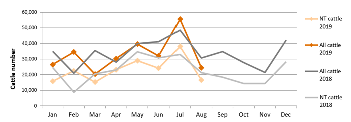 Graph showing live exports through the Port of Darwin from January 2018 to December 2019