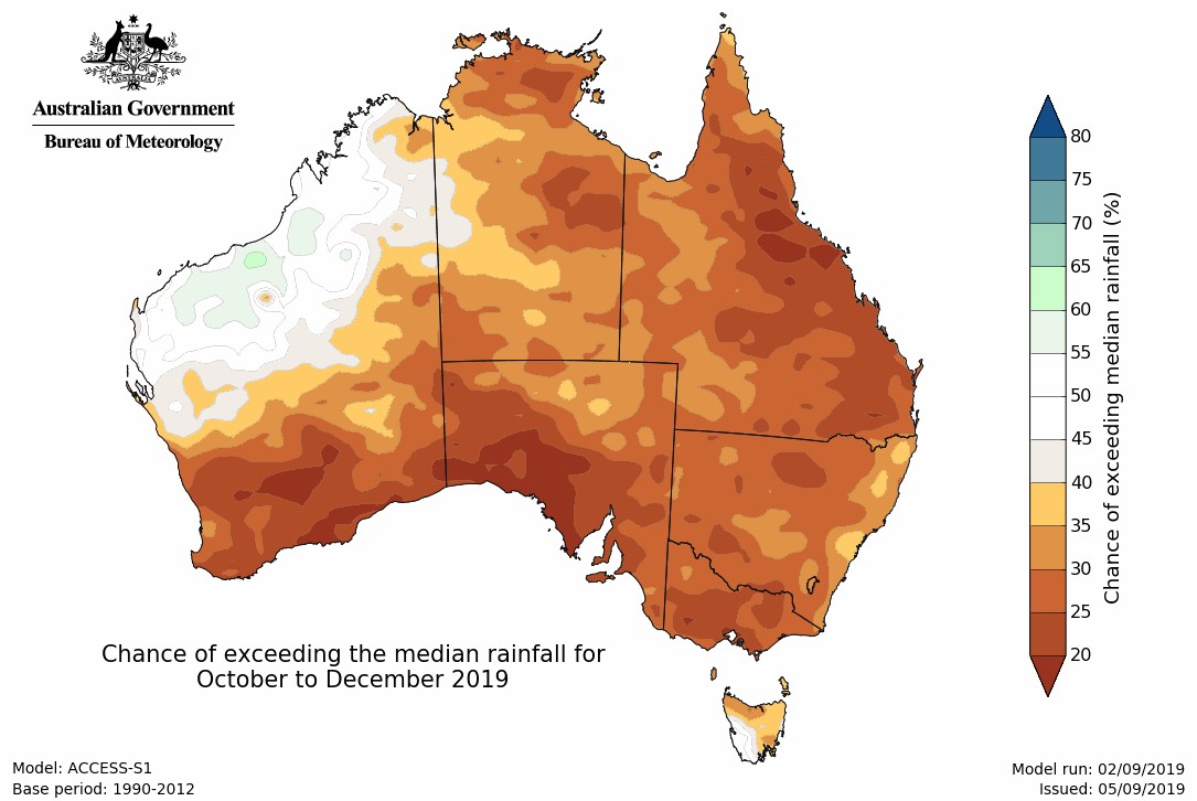 BOM Australia rainfall map: Chance of exceeding the median rainfall for October to December 2019