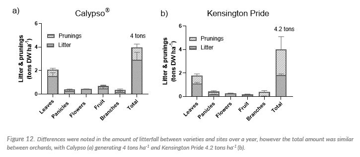 Differences were noted in the amount of litterfall between varieties and sites over a year, however the total amount was similar between orchards, with Calypso (a) generating 4 tons ha-1 and Kensington Pride 4.2 tons ha-1 (b).