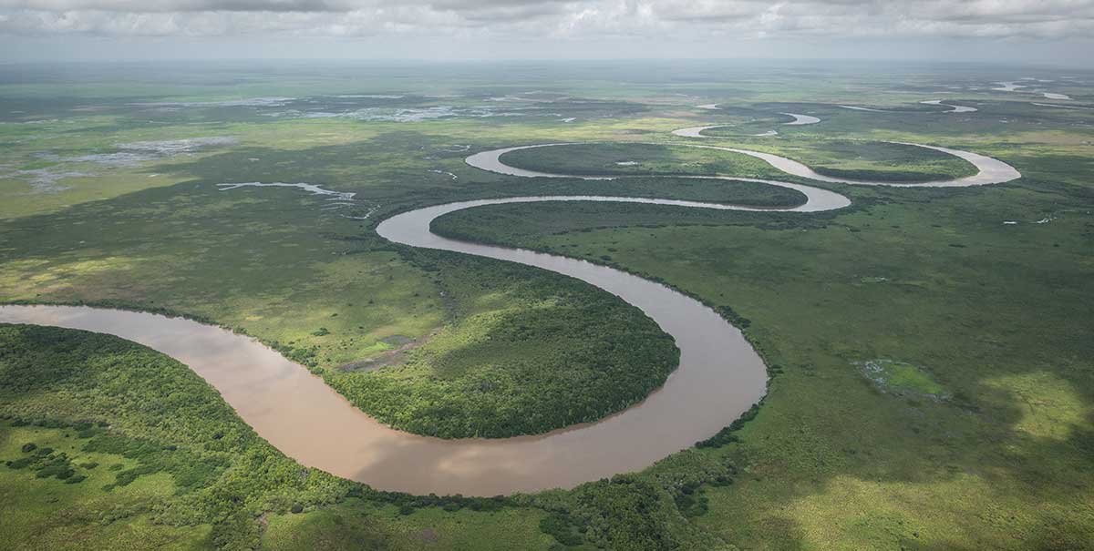 Aerial view of a winding river