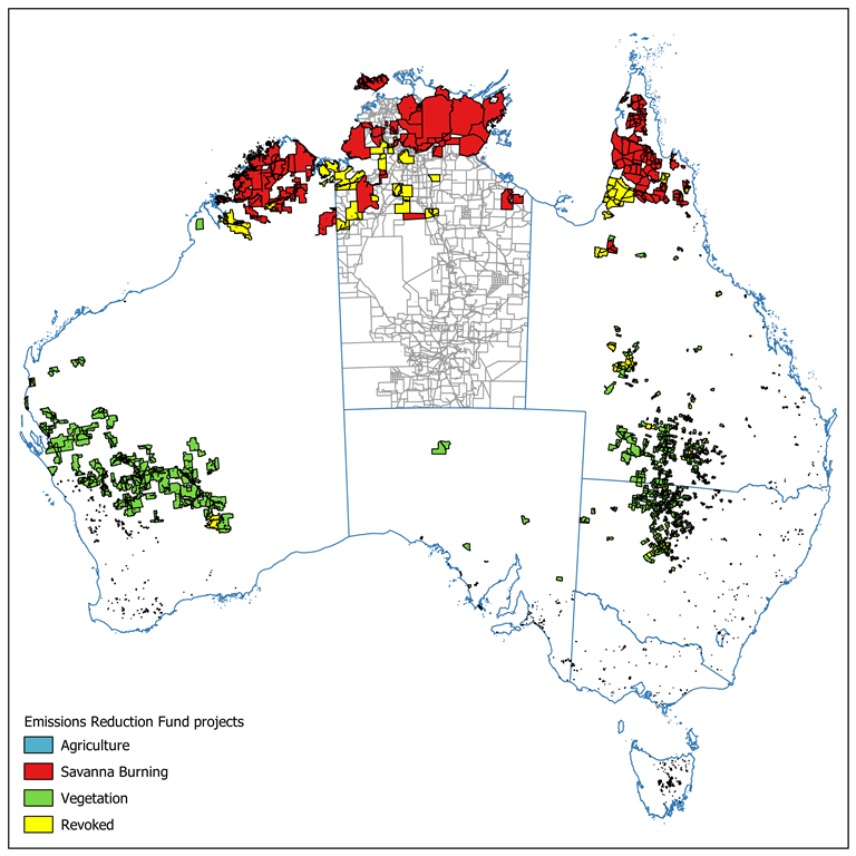 Figure 1: Location of broad categories of Emissions Reduction Fund projects across Australia, with revoked projects highlighted in yellow. Data downloaded from data.gov.au.